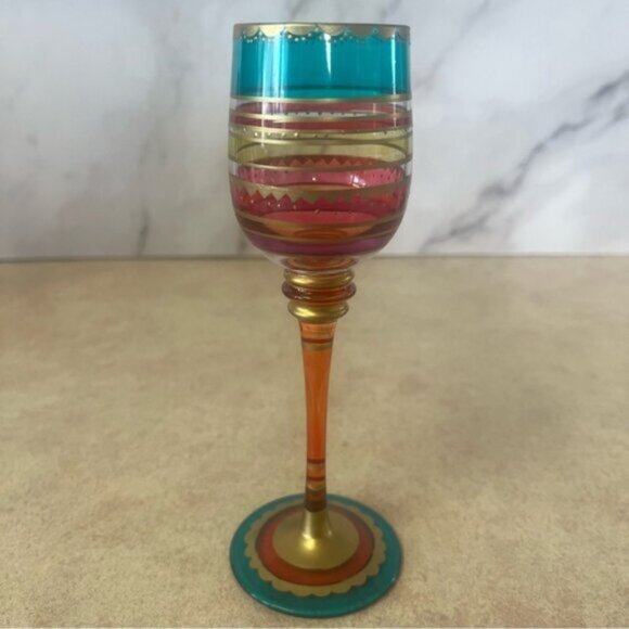 Pier 1 Multi-Color Hand Painted Jewel Toned Long Stem Glasses Set 6 - Picture 7 of 12